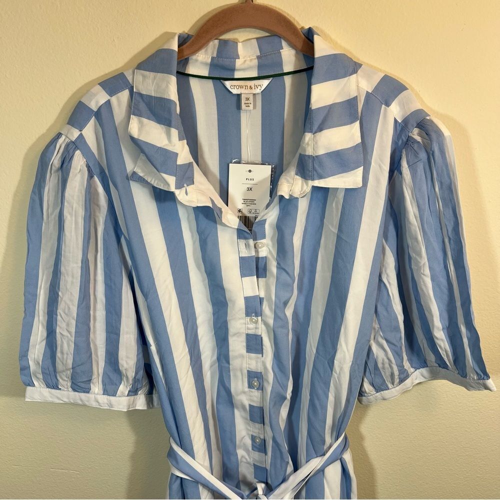 Crown & Ivy Women’s Blue White Striped Belted Shirt Dress 3X NWT - Picture 4 of 15